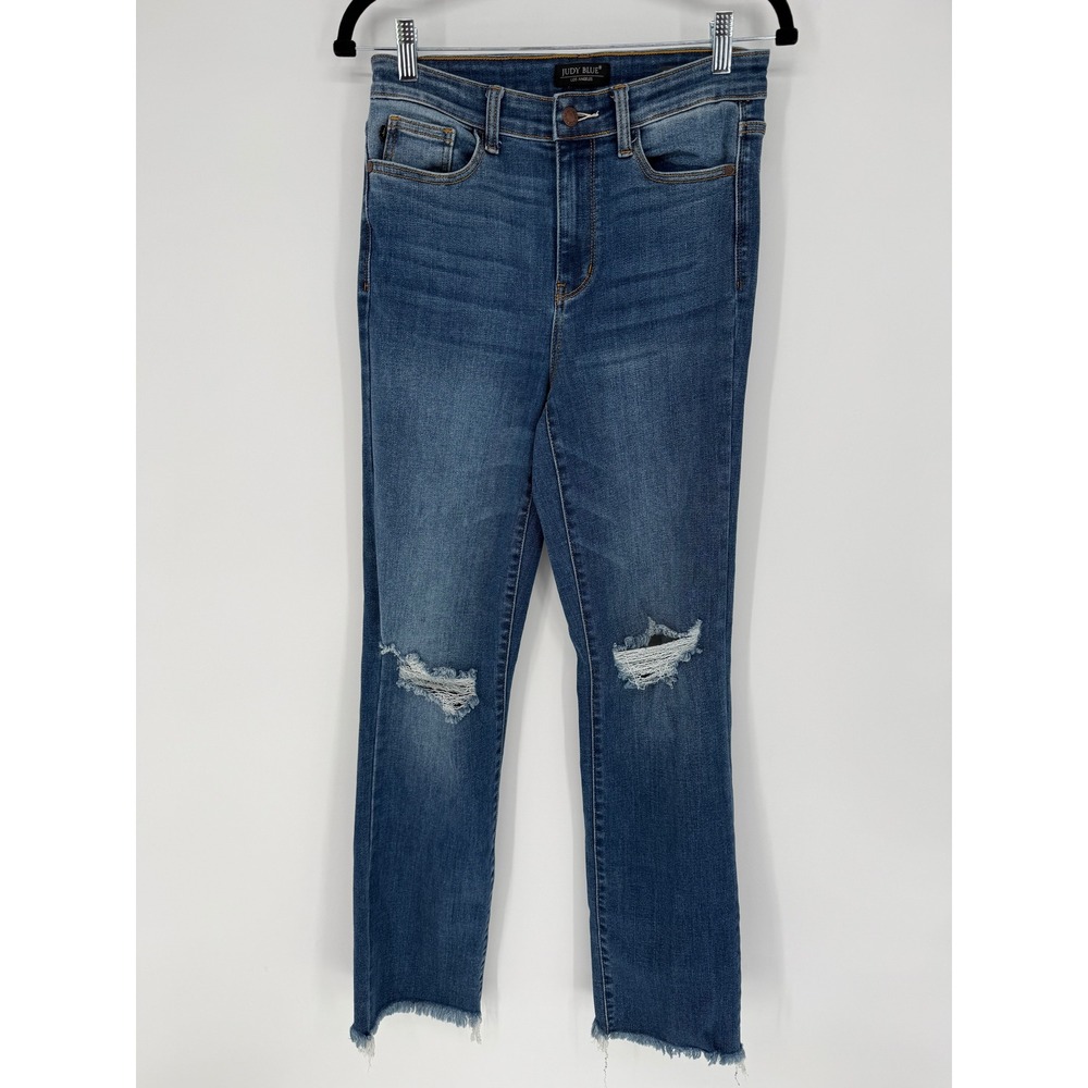 JUDY BLUE STRAIGHT FIT JEANS SIZE 27‎ DISTRESSED DENIM FRAYED HEM